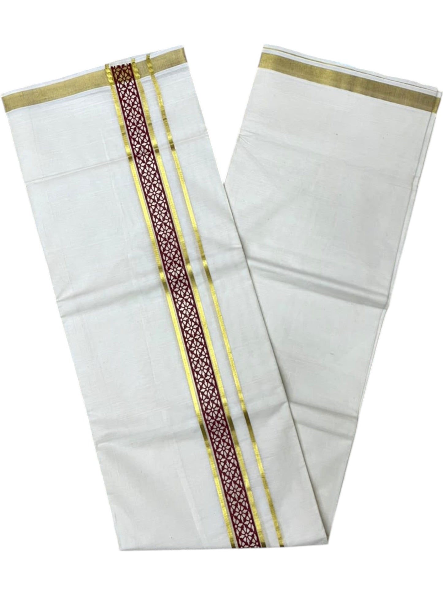 Southloom Pure Cotton Double Mundu with Maroon Block Printed And Ksavu Border (South Indian Kerala Dhoti)