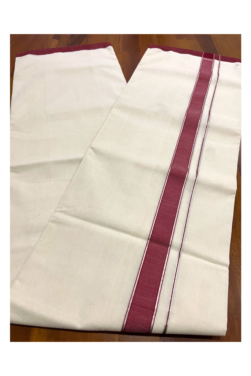 Southloom Premium Balaramapuram Unakkupaavu Handloom Mundu with Maroon and Silver Kasavu Border (South Indian Kerala Dhoti)