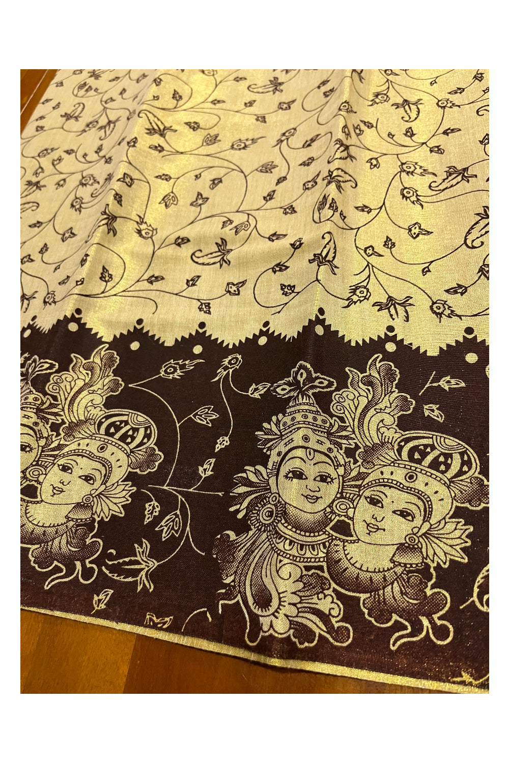 Kerala Tissue Block Printed Pavada and Dark Brown Designer Blouse Material for Kids 3 Meters
