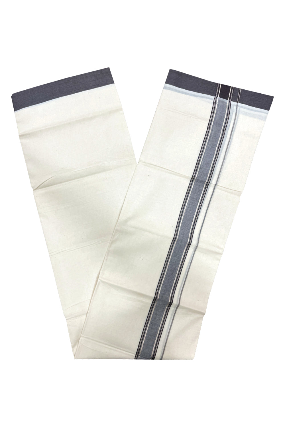 Pure Cotton Double Mundu with Silver Kasavu and Brown Border (South Indian Kerala Dhoti)