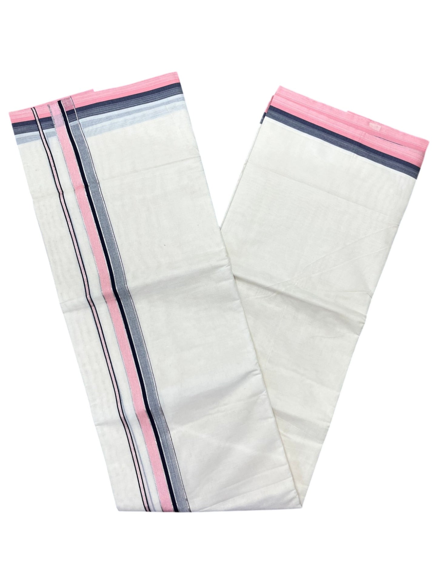 Southloom Kerala Pure Cotton Double Mundu with Peach and Blue Border with (South Indian Dhoti)