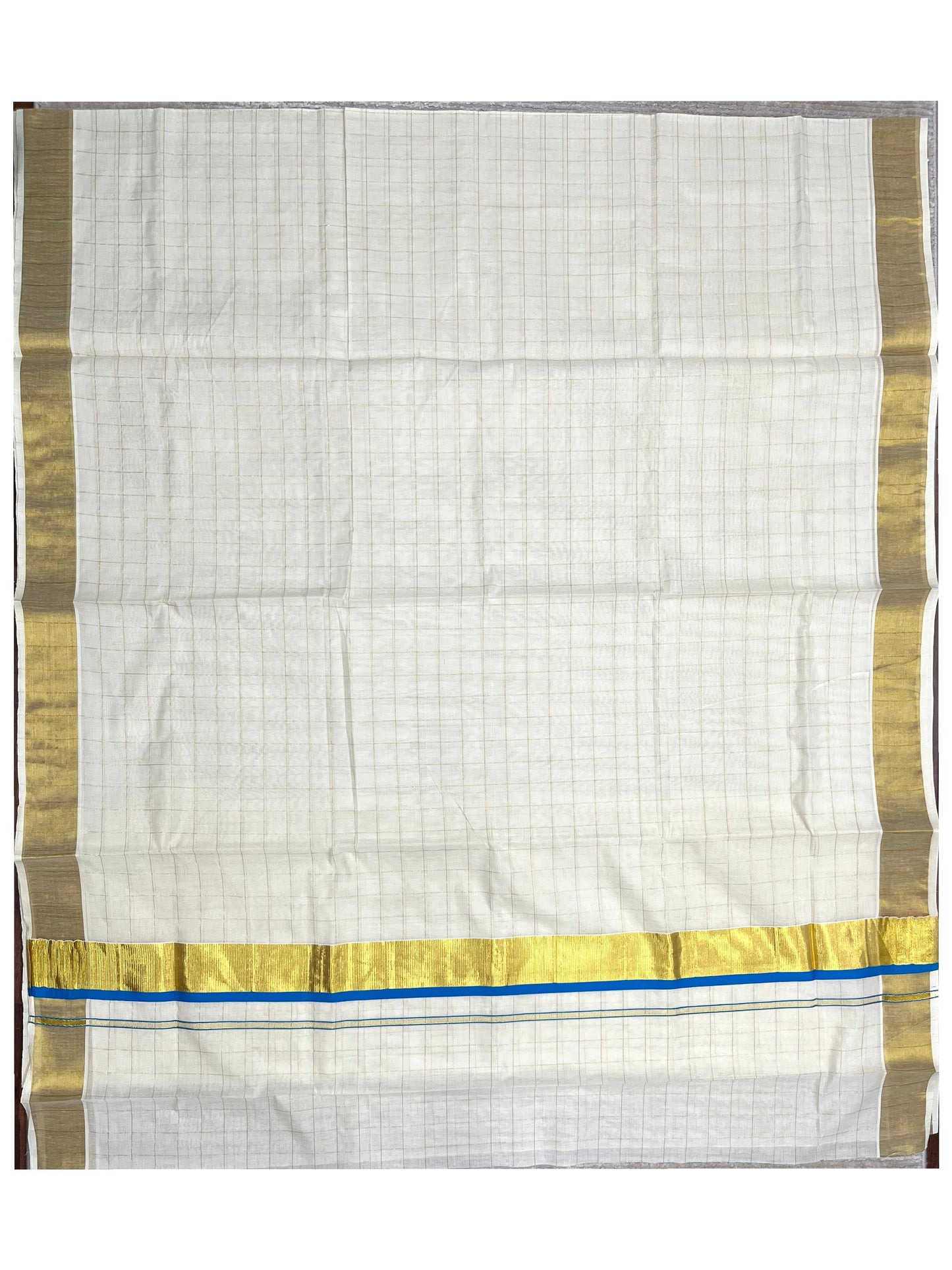 Southloom Pure Cotton  Kerala  Kasavu Woven Check Saree with Blue Border