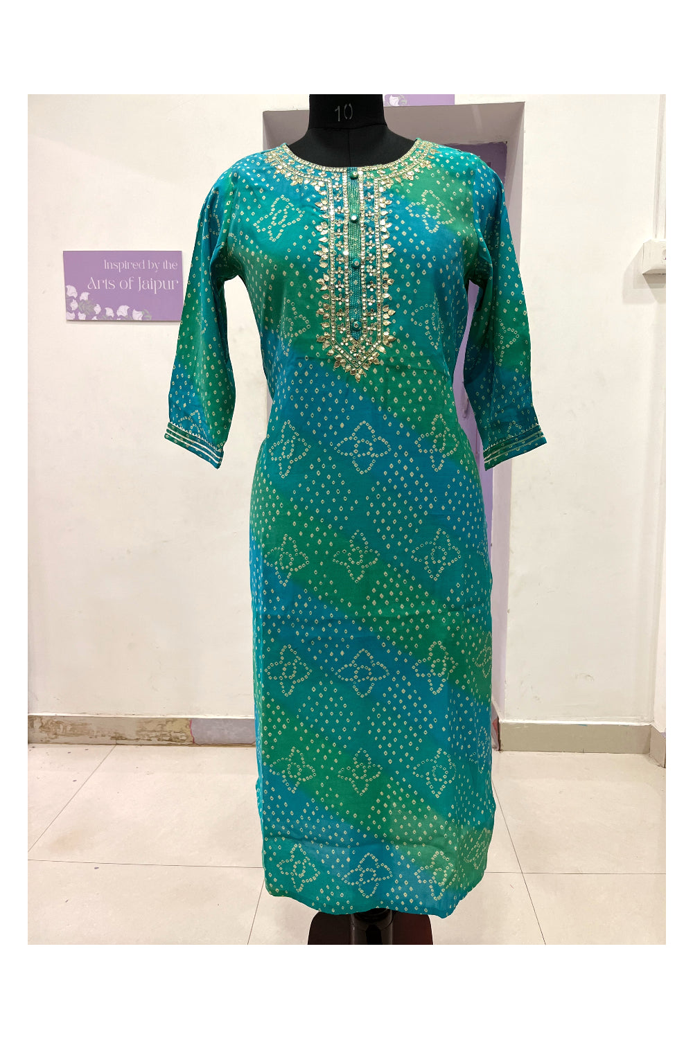 Southloom Stitched Semi Silk Salwar Set with Green Blue Prints and Sequins Works