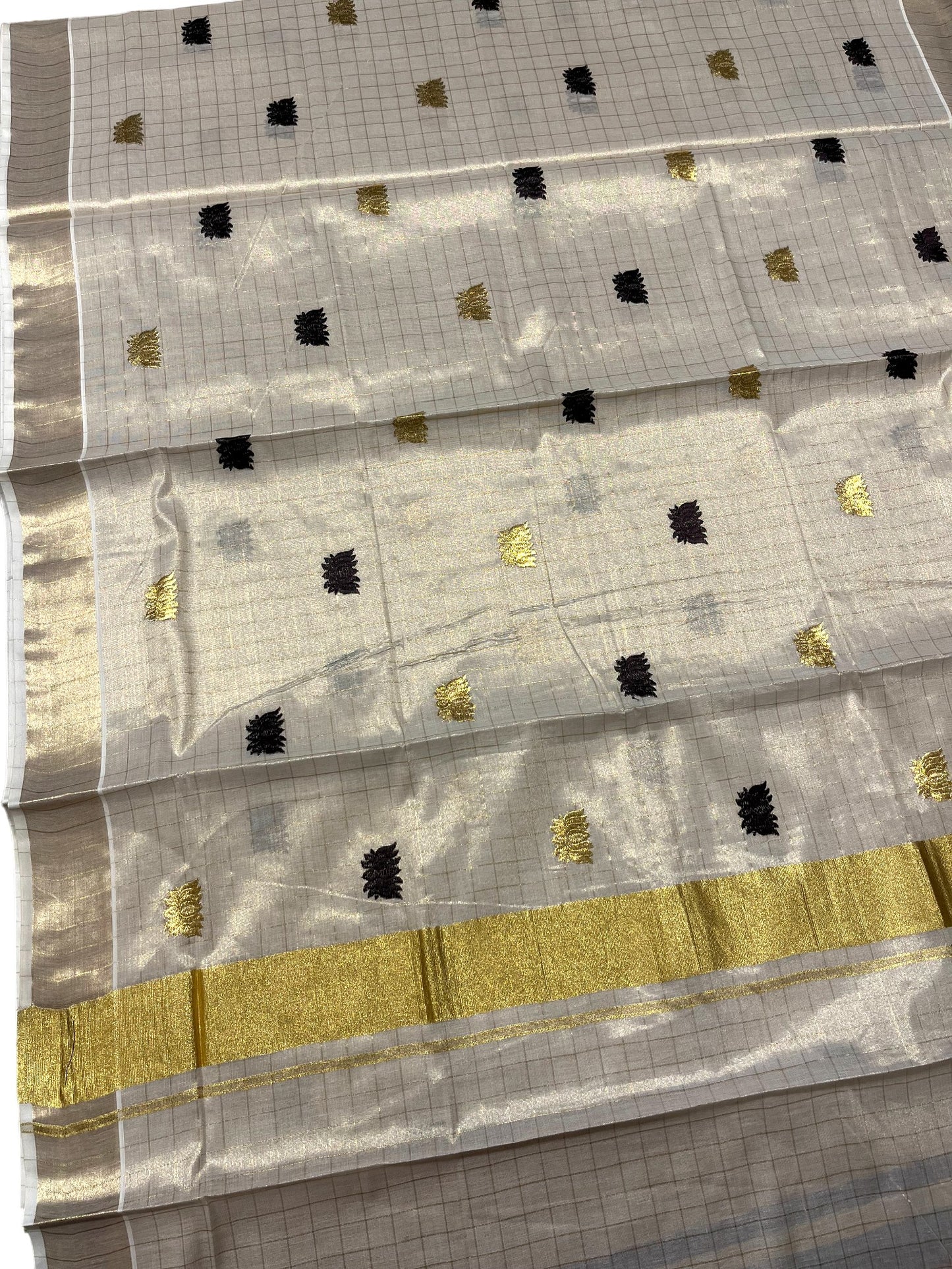 Southloom Kerala Tissue Kasavu Check Saree with Black Lotus Embroidery Works