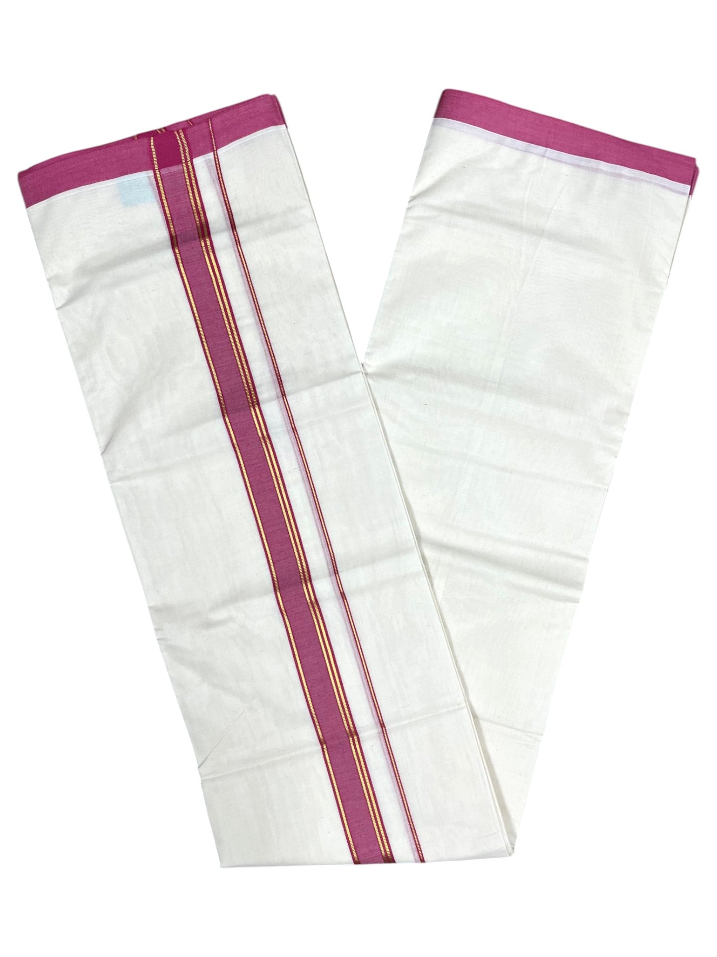 Southloom Pure Cotton Mundu with Gold Lines and Magenta Border (South Indian Kerala Dhoti)
