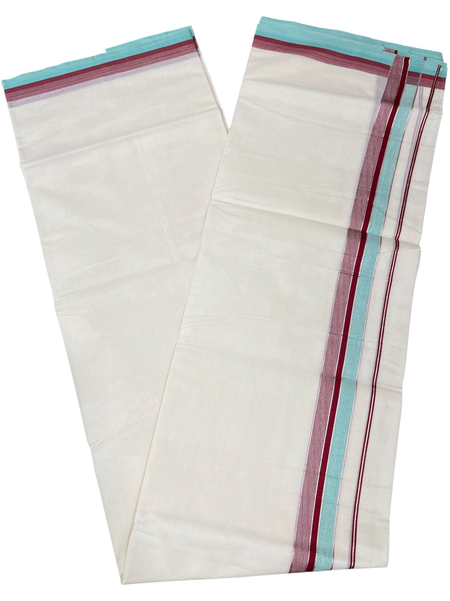 Southloom Kerala Pure Cotton Double Mundu with Maroon And Blue Silver Lines Border (South Indian Dhoti)