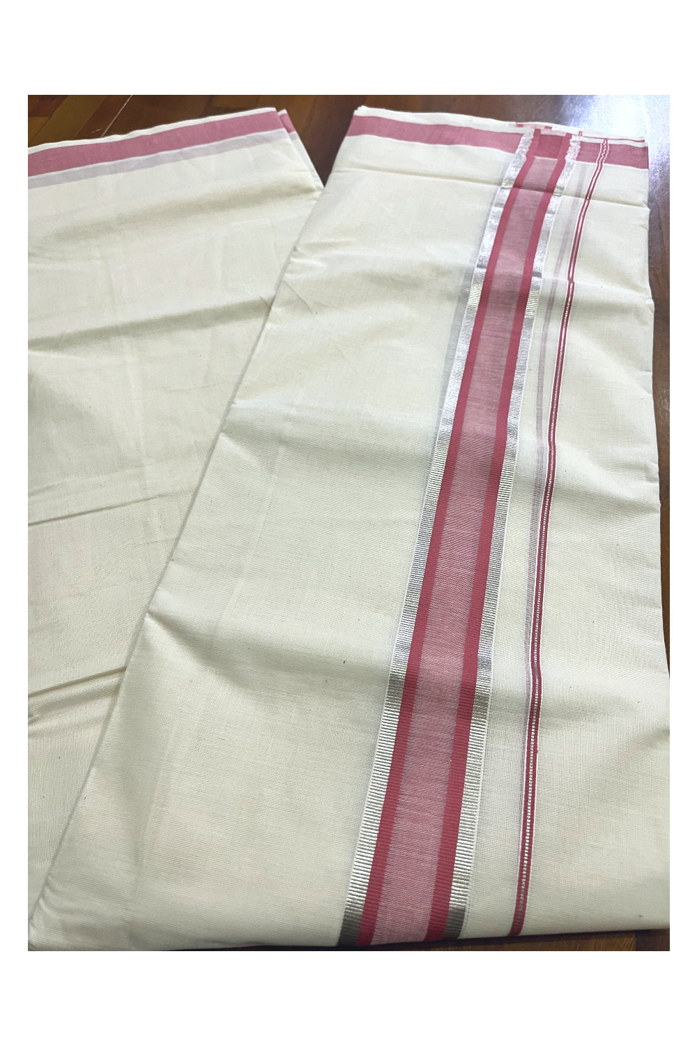 Kerala Cotton Off White Double Mundu with Silver Kasavu and Brick Red Border (South Indian Kerala Dhoti)