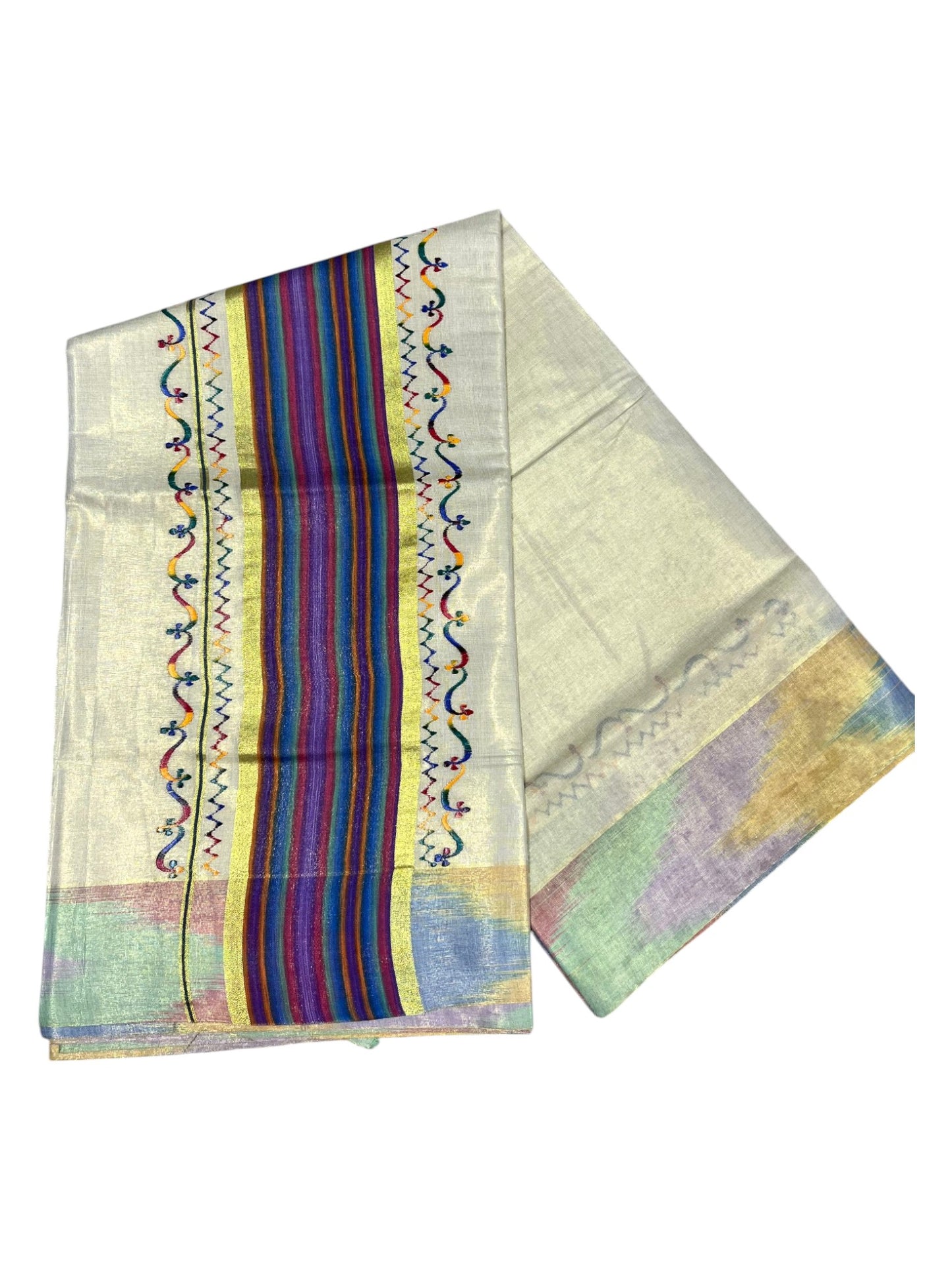 Southloom Kerala Tissue Kasavu Saree with Multi Colour Pochampally Design on Borders and Kara