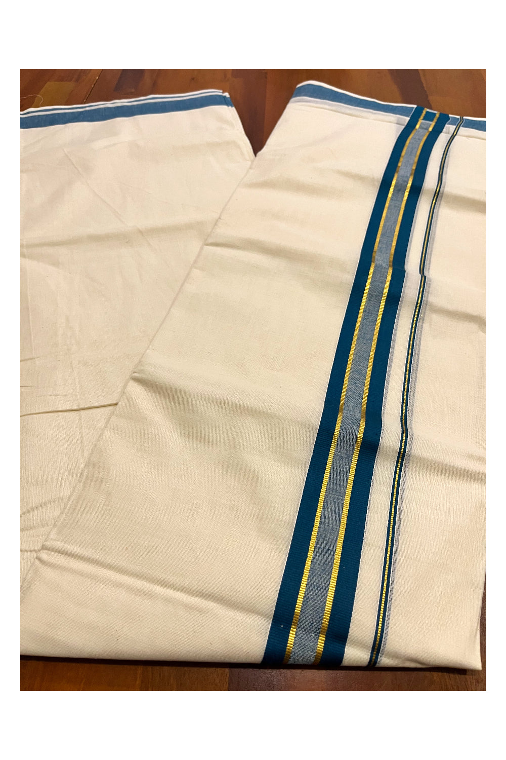 Kerala Pure Cotton Double Mundu with Teal Blue and Kasavu Border (South Indian Kerala Dhoti)