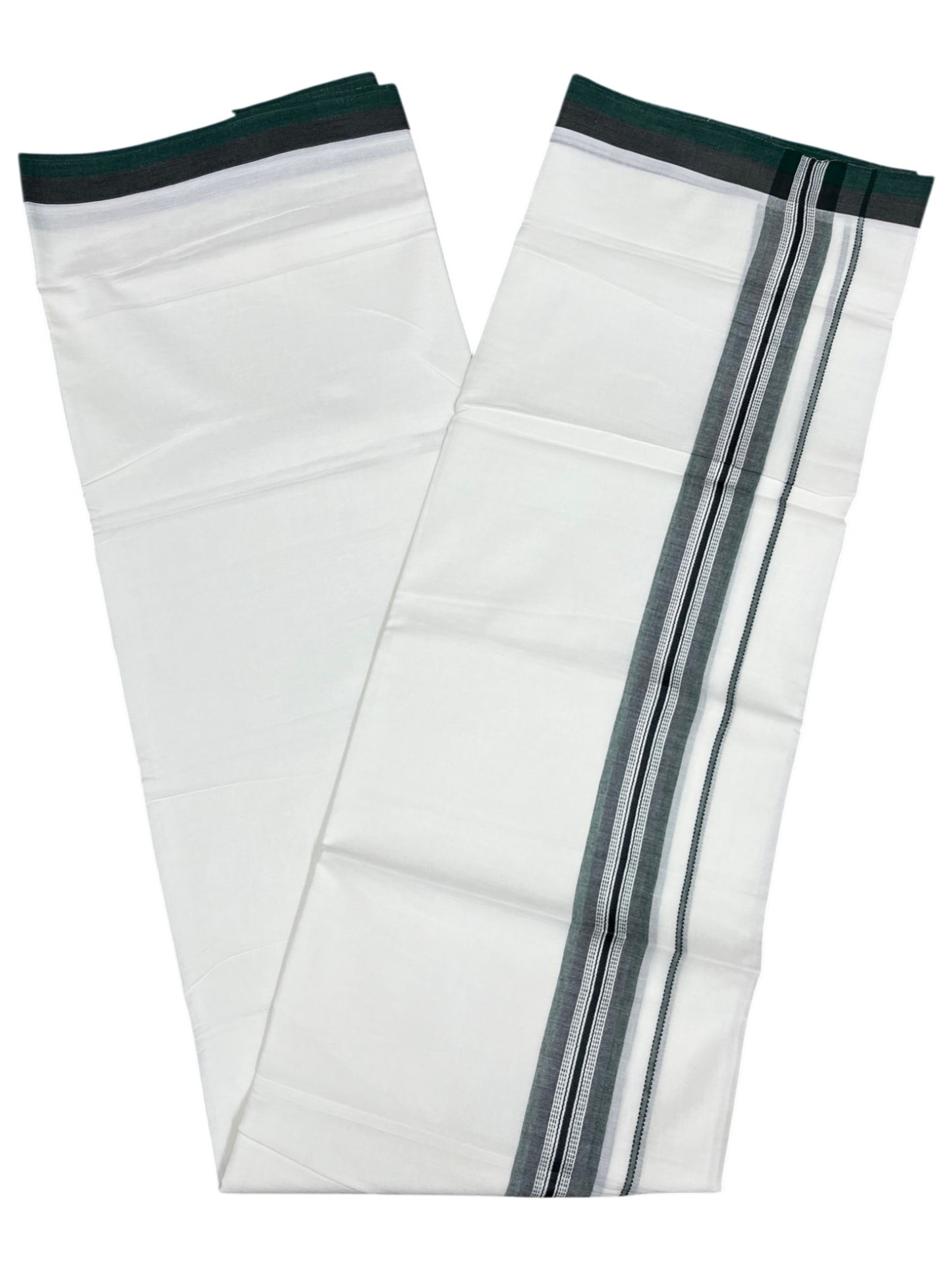 Southloom Pure White Cotton Double Mundu with Green and Grey Border (South Indian Dhoti)