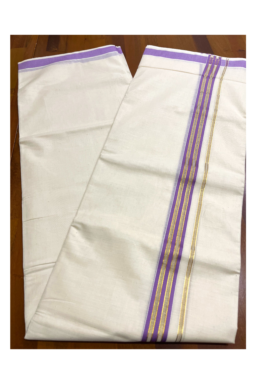 Kerala Pure Cotton Double Mundu with Violet and Kasavu Line Border (South Indian Kerala Dhoti)