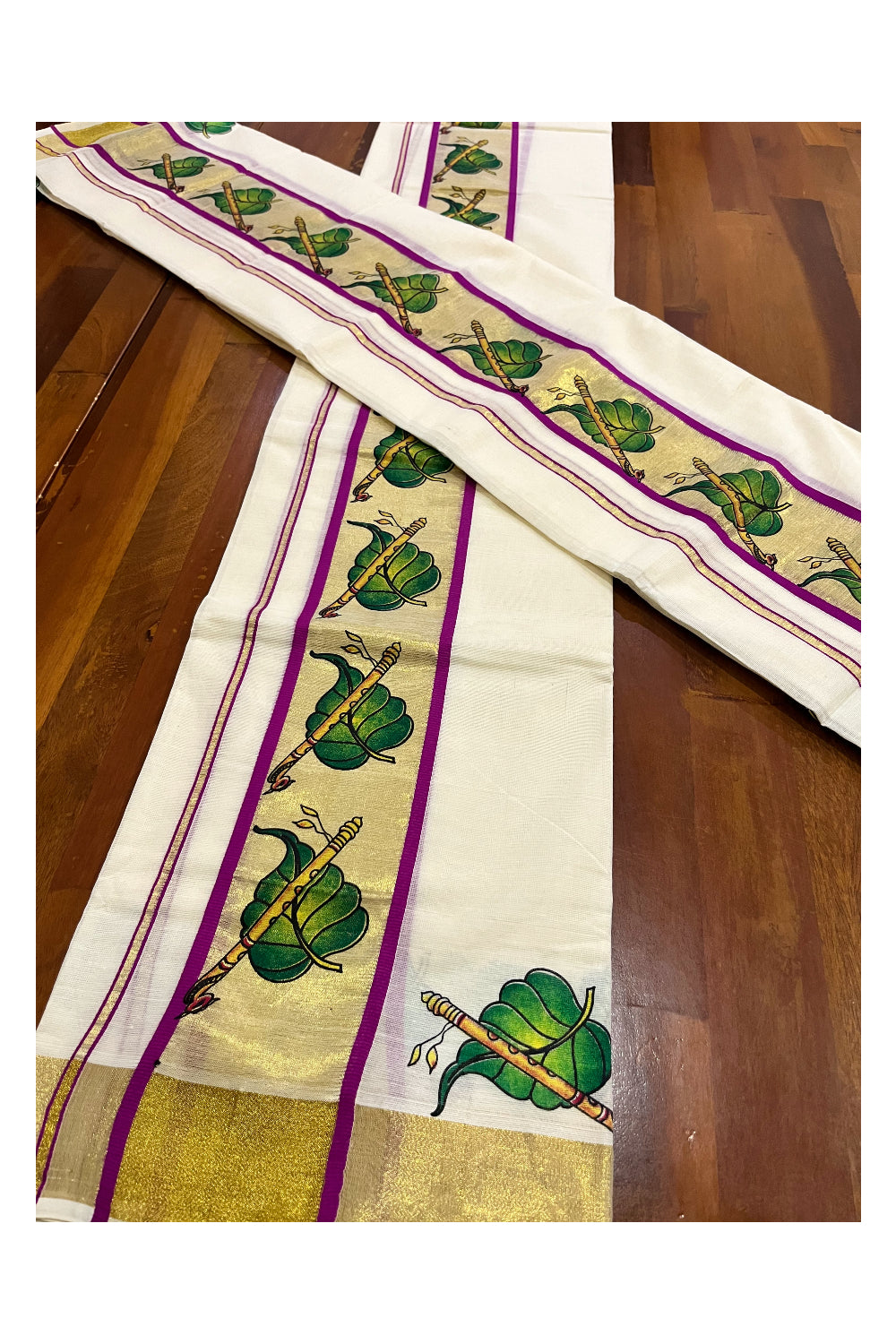 Kerala Cotton Single Set Mundu (Mundum Neriyathum) with Leaf and Flute Block Prints on Kasavu Violet Border