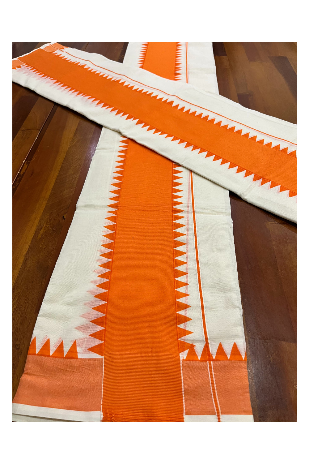 Kerala Pure Cotton Set Mundu Single (Mundum Neriyathum) with Orange Temple Border 2.80 Mtrs