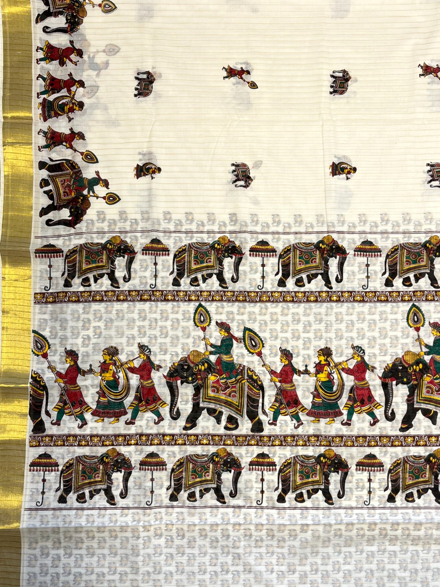 Kerala Cotton  Kasavu Saree With Mural Festival Parasol Stripes and Elephant Design