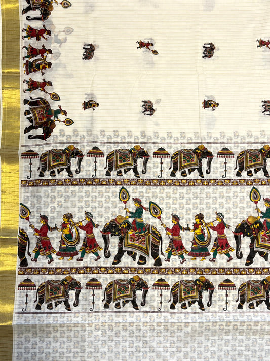 Kerala Cotton Kasavu Saree With Mural Festival Parasol Stripes and Elephant Design