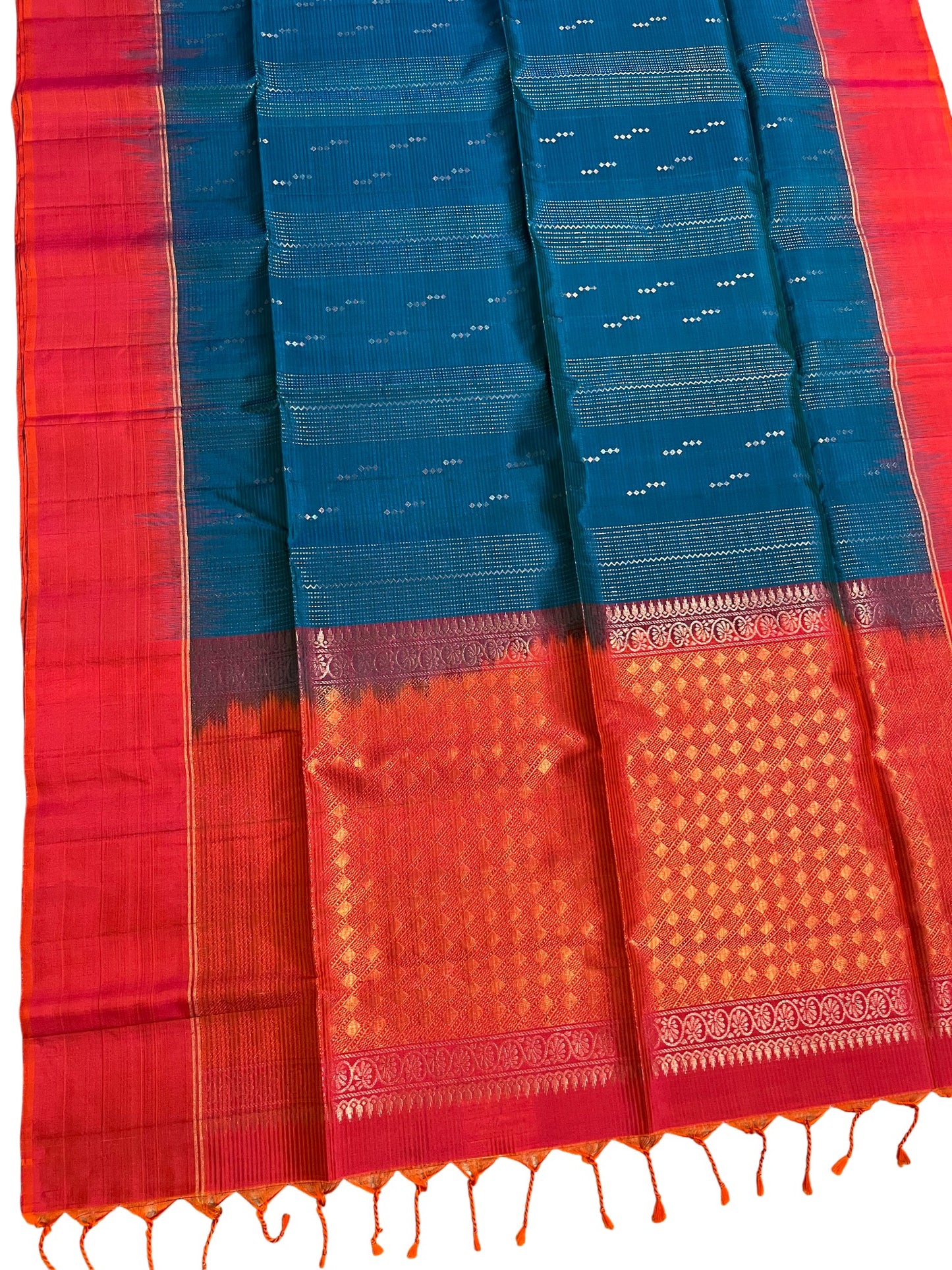 Southloom Pure Handloom Bridal Kanchipuram Silk Saree with Korvai Work (Blue & Orange)