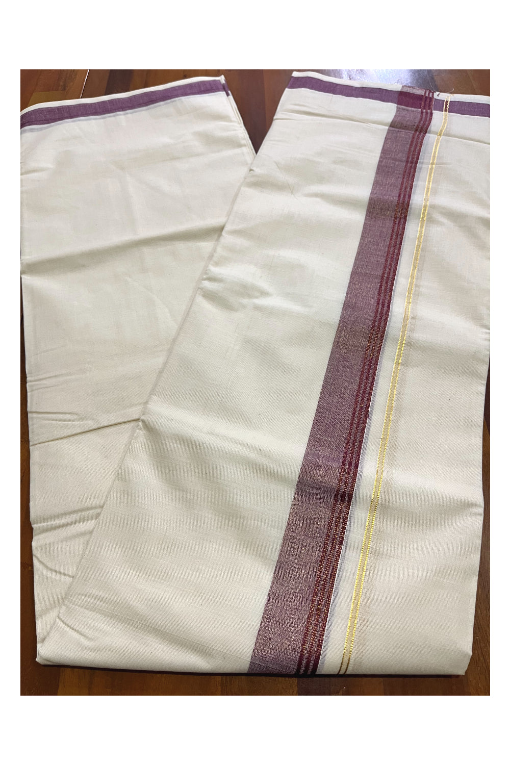 Off White Kerala Cotton Double Mundu with Kasavu and Purple Border (South Indian Kerala Dhoti)