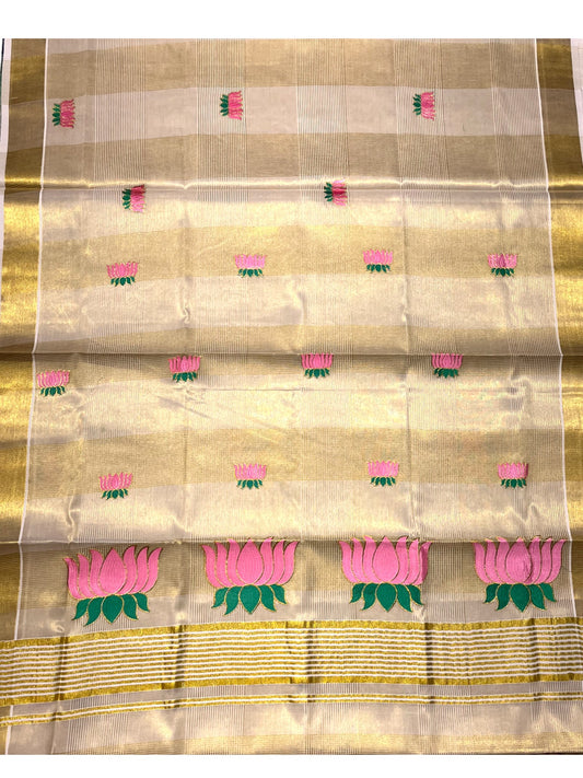 Southloom Lotus Baby Pink and Green Embroidery Check Tissue Saree With Tussles