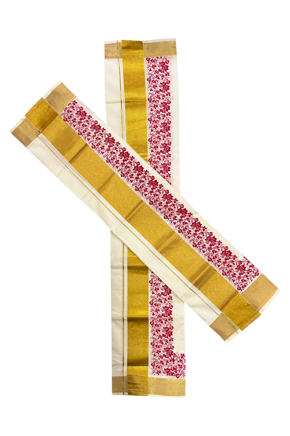 Pure Cotton Kerala Single Set Mundu (Mundum Neriyathum) with Red Block Printed Kasavu Border