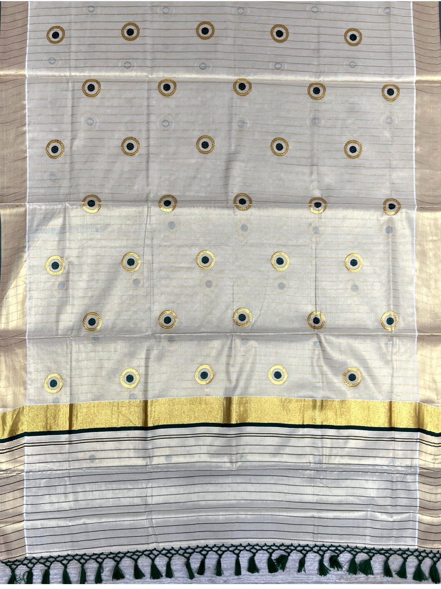 Southloom Kerala Tissue Kasavu Lines Saree with Embroidery Work on Body in Green