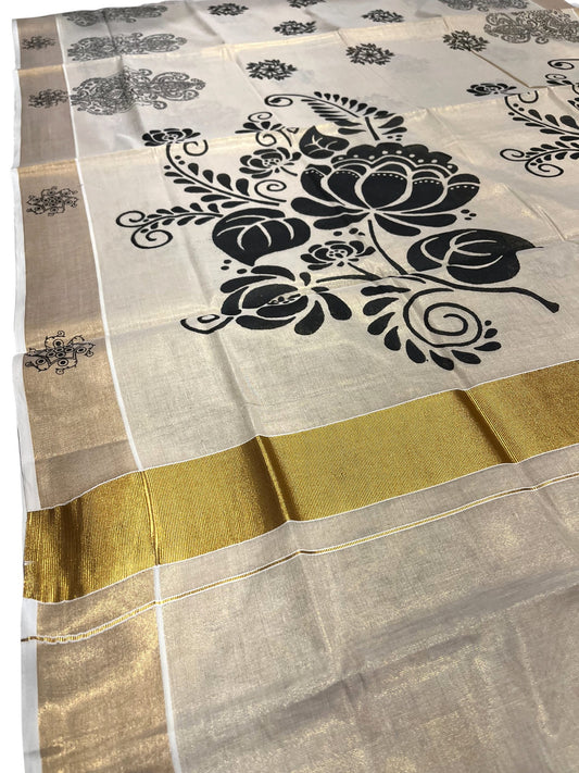 Kerala Tissue Kasavu Saree with Black Floral Block Printed Designs