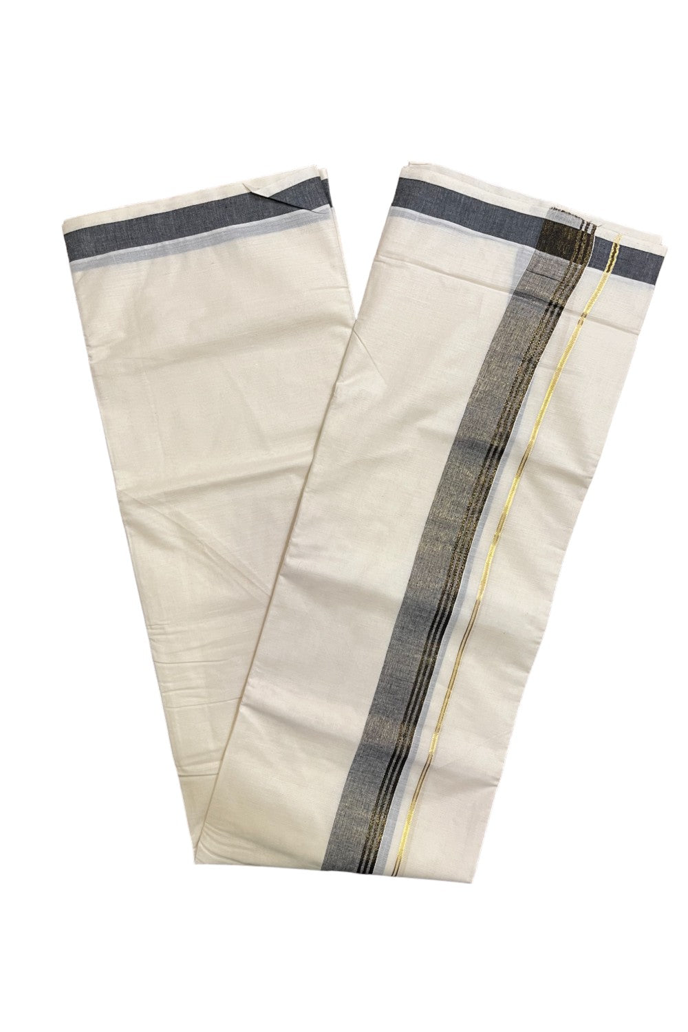 Off White Kerala Cotton Double Mundu with Kasavu and Black Border (South Indian Kerala Dhoti)