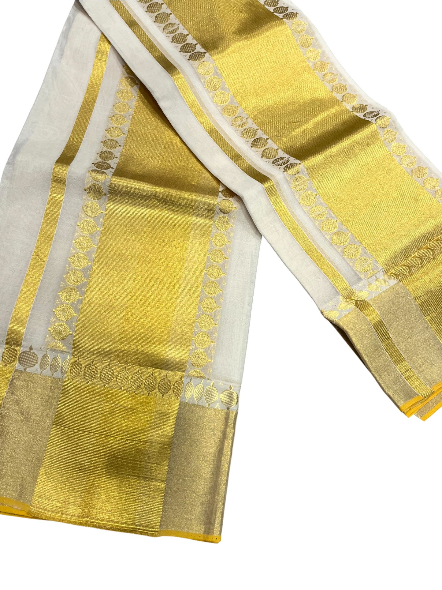 Southloom Handloom Premium Cotton Kasavu Set Mundu With Polka Woven Patterns On Border (Mundum Neriyathum) 2.80 Mtrs