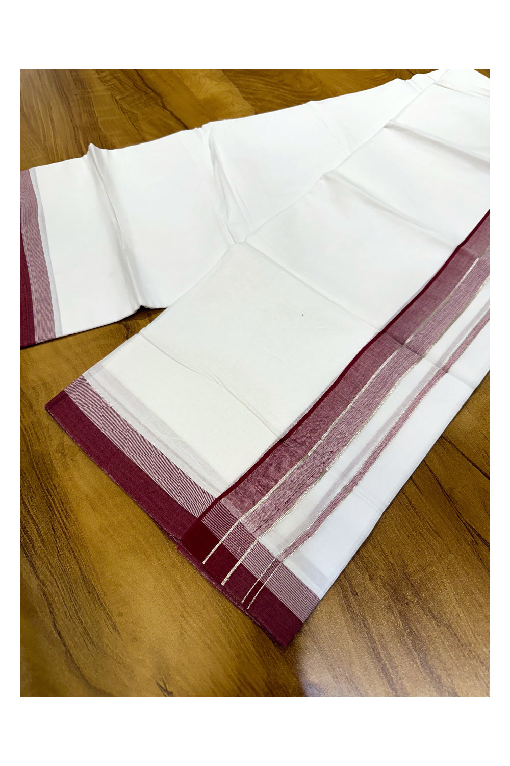 Pure White Cotton Double Mundu with Maroon and Silver Kasavu Border (South Indian Kerala Dhoti)