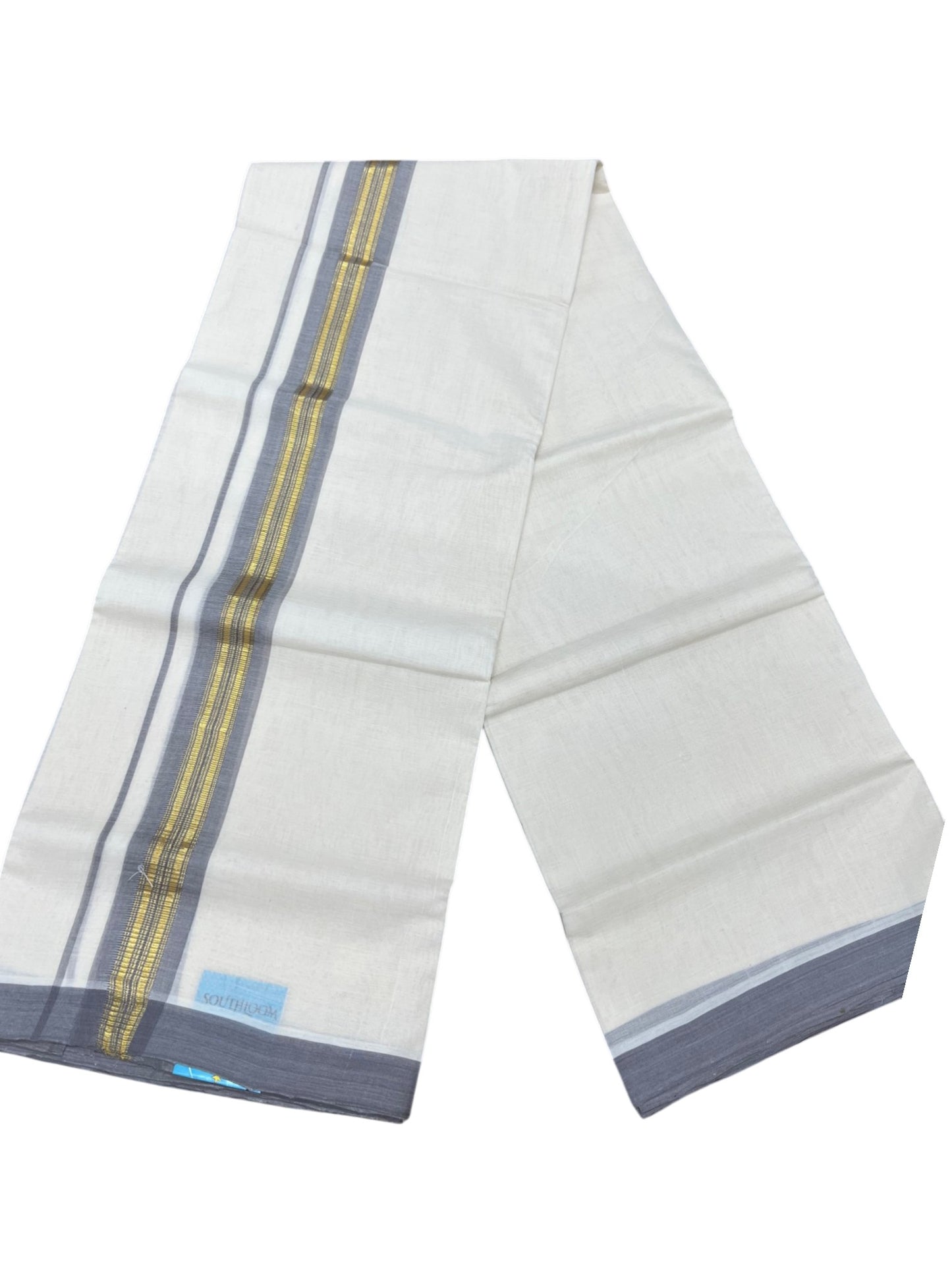 Southloom Balaramapuram Premium Handloom Cotton Double Mundu with Gold Kasavu and Grey Border
