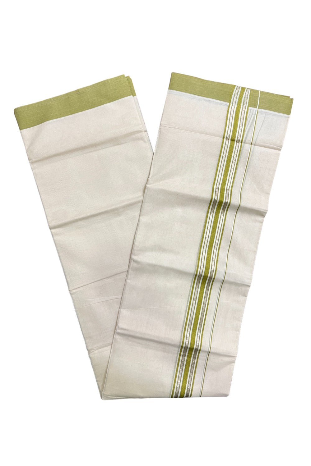 Kerala Pure Cotton Double Mundu with Silver Kasavu and Light Green Border (South Indian Kerala Dhoti)