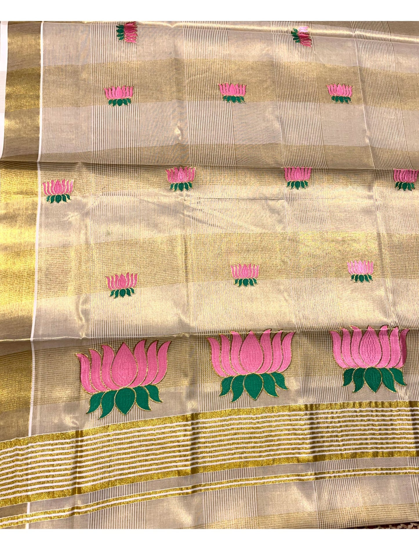 Southloom Lotus Baby Pink and Green Embroidery Check Tissue Saree With Tussles