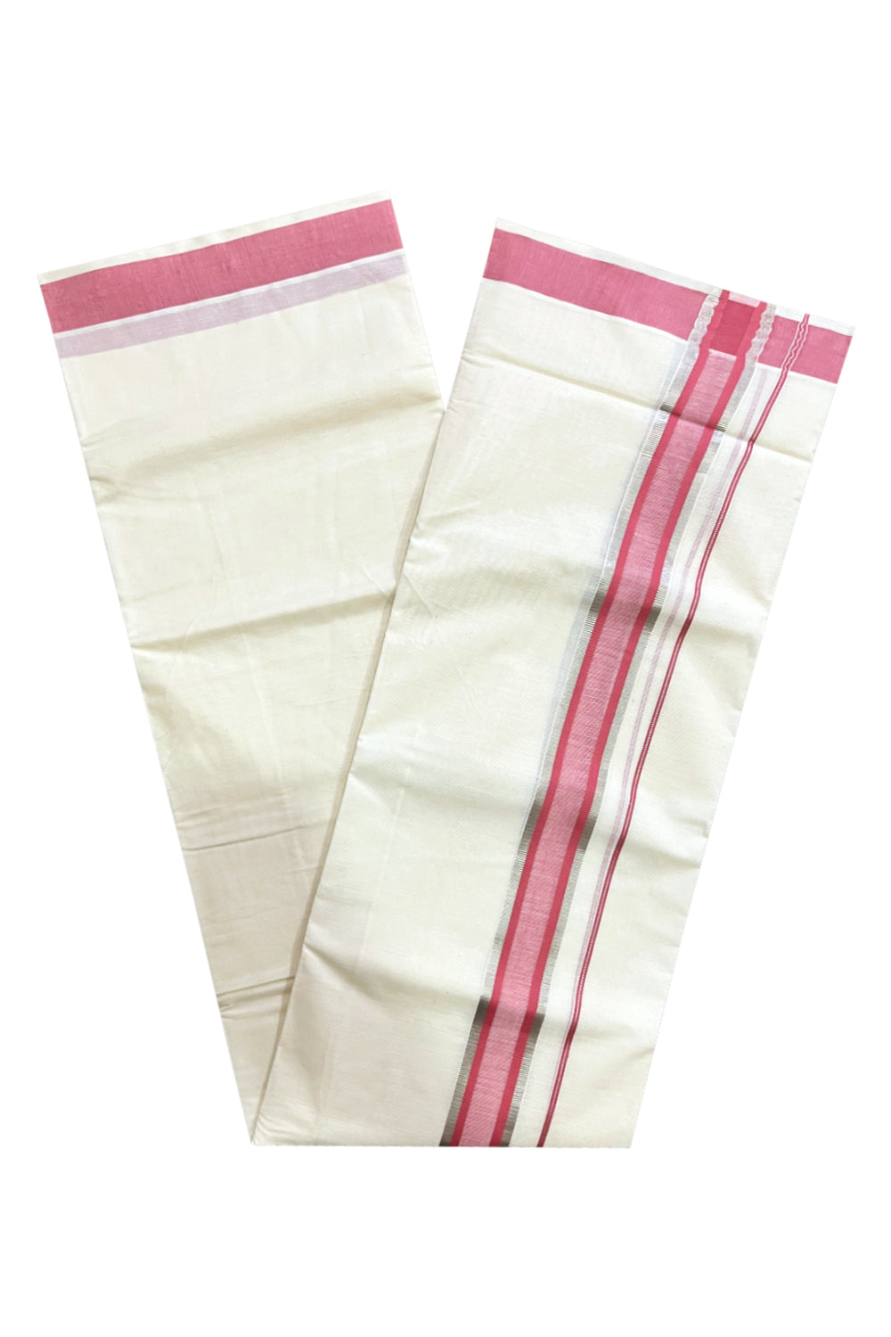 Kerala Cotton Off White Double Mundu with Silver Kasavu and Brick Red Border (South Indian Kerala Dhoti)