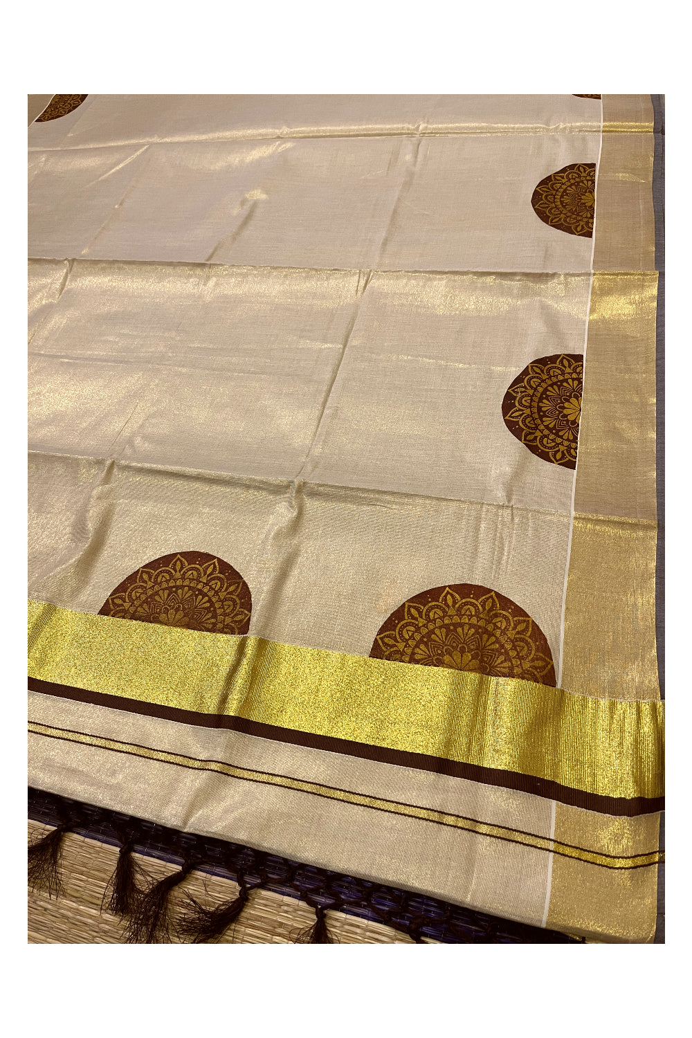 Kerala Tissue Kasavu Saree with Brown Block Prints and Kasavu Brown Border