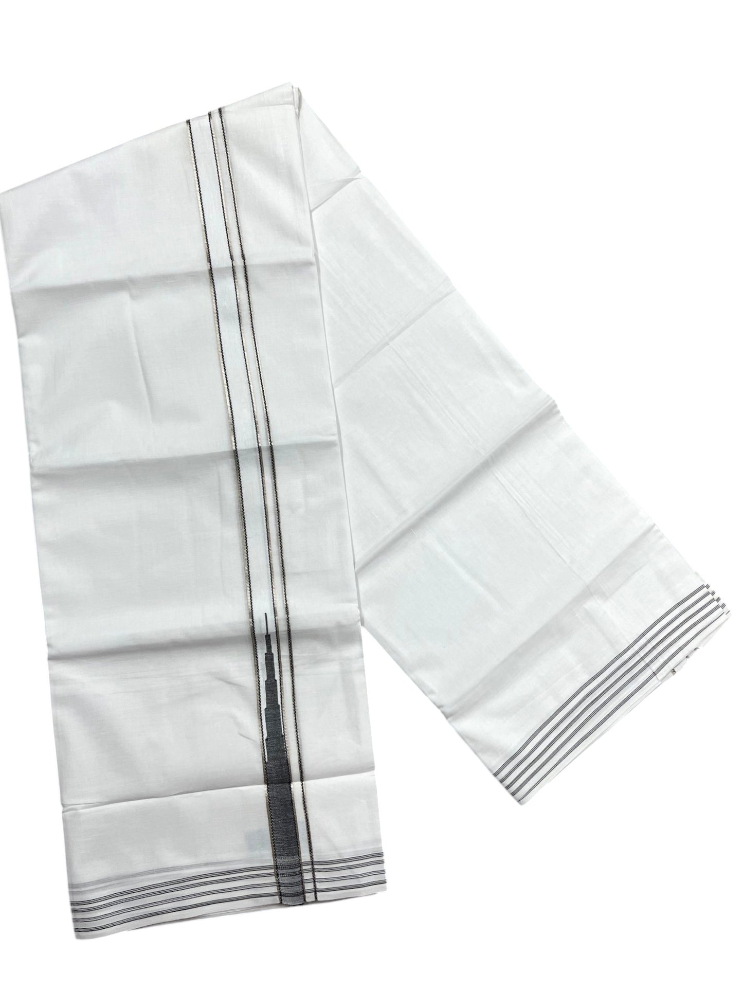 Pure White Cotton Double Mundu with Silver and Black Chutti Kara (South Indian Dhoti)