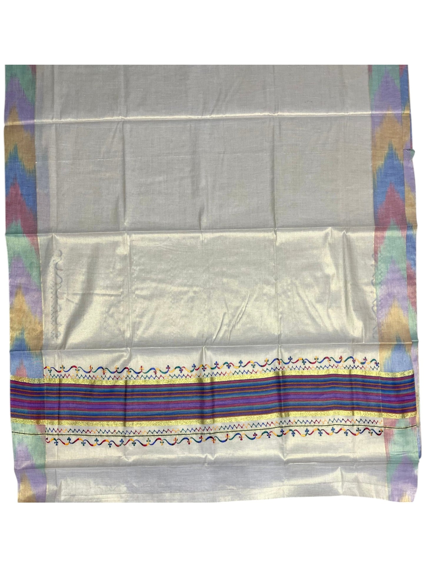 Southloom Kerala Tissue Kasavu Saree with Multi Colour Pochampally Design on Borders and Kara