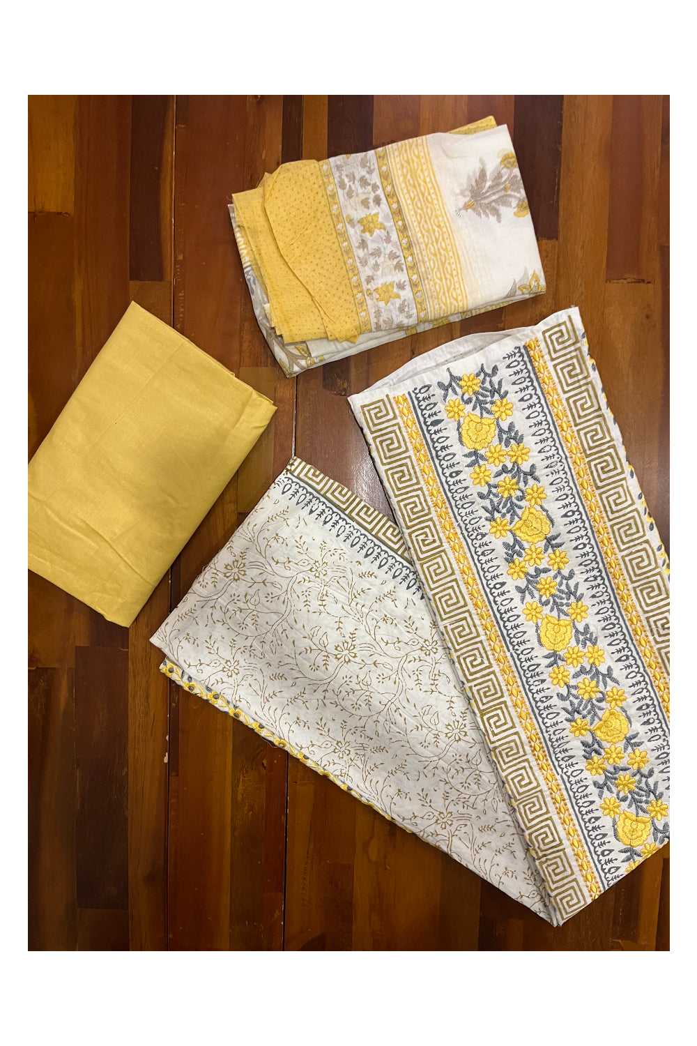 Southloom™ Cotton Yellow Grey Embroidery Work Churidar Salwar Suit Material