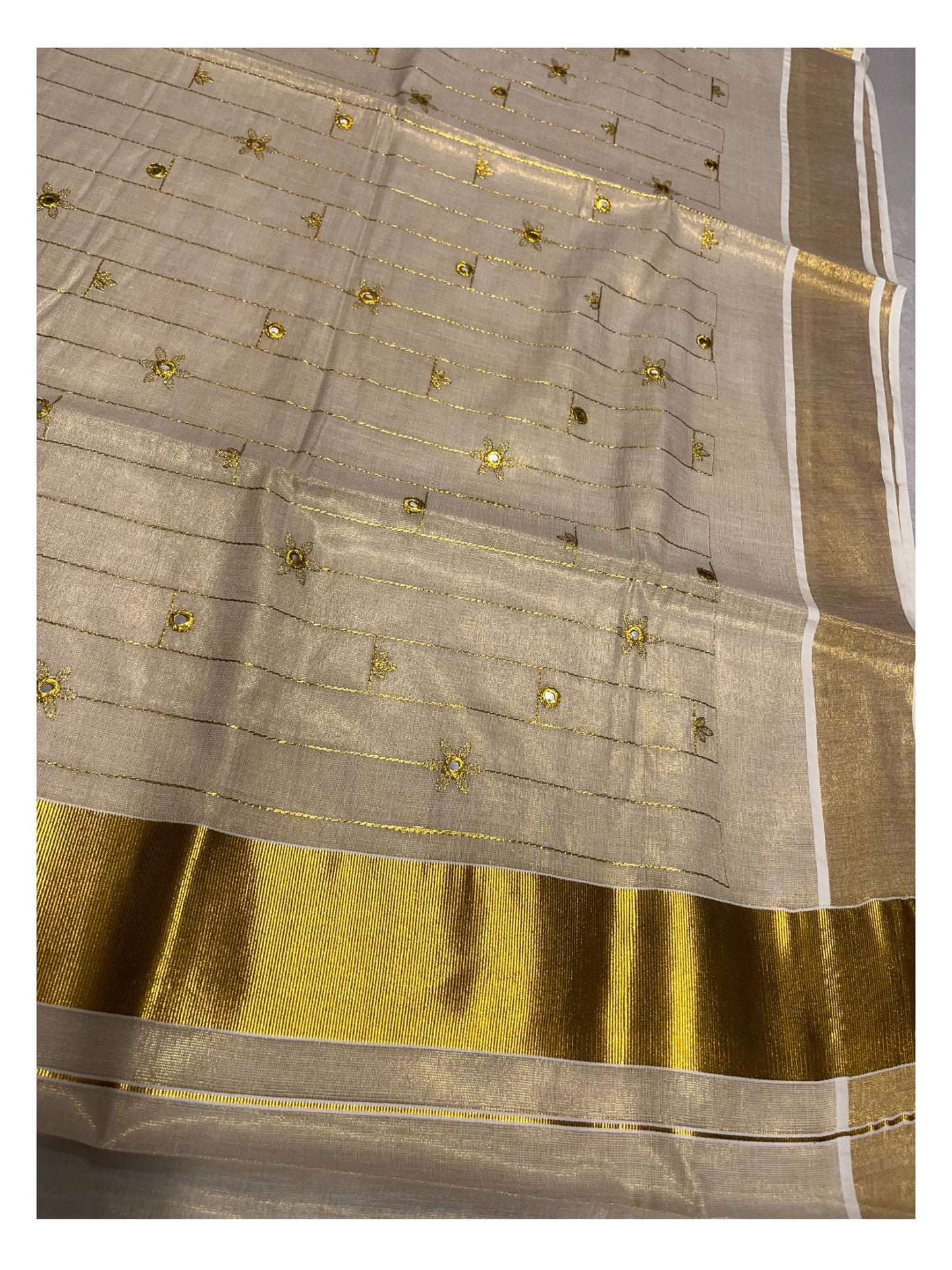 Kerala Tissue Kasavu  Saree with Golden  Embroidery Works