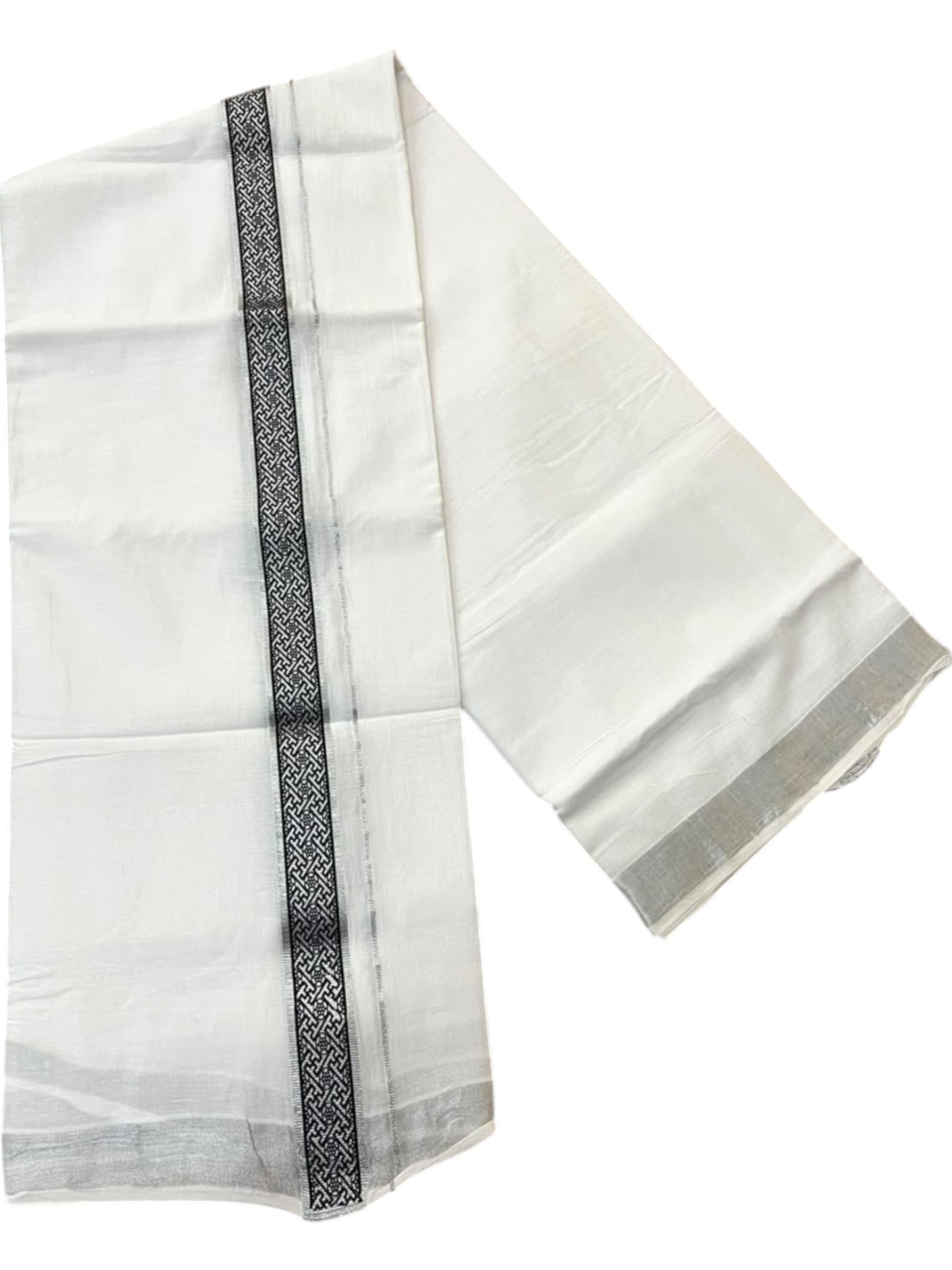 Southloom Pure White Cotton Mundu with Black and Silver Kasavu Border (South Indian Kerala Dhoti)