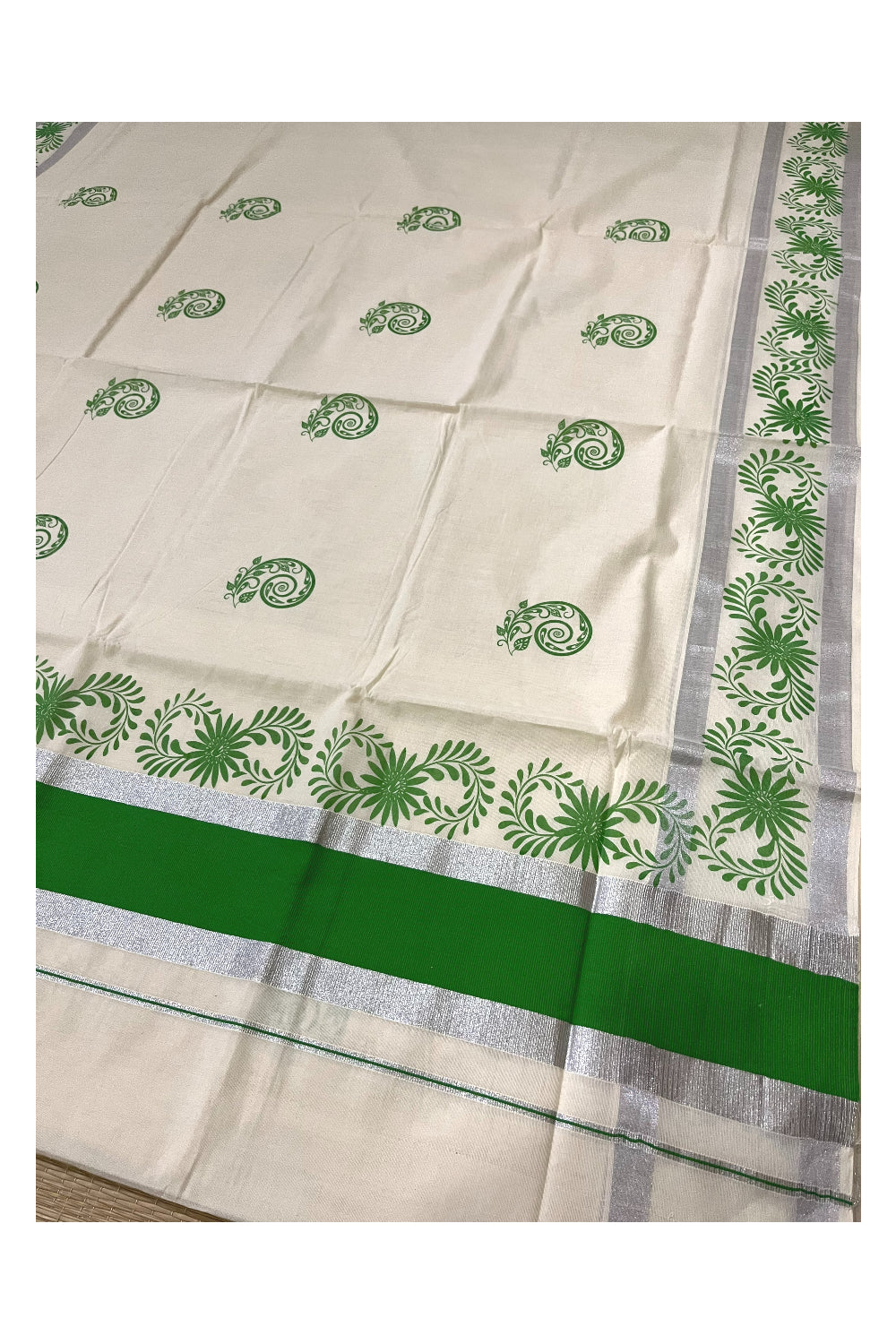 Pure Cotton Off White Kerala Saree with Light Green Floral Block Printed Silver Border (Onam Saree 2023)