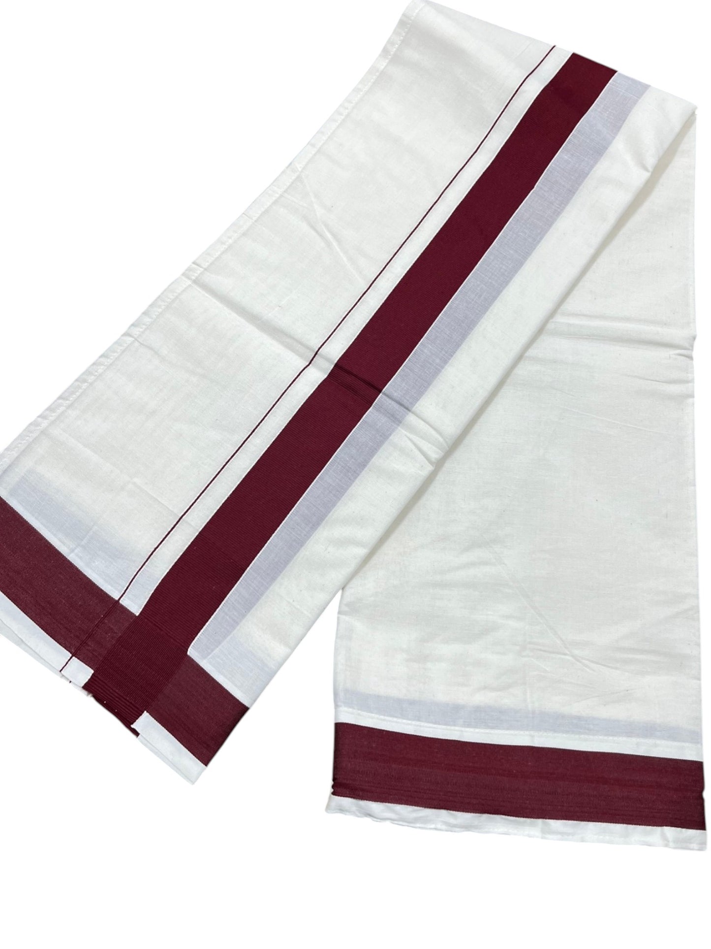 Southloom Kerala Cotton Velcro Double Mundu with Maroon Border (South Indian Kerala Dhoti) in 3.85 mtrs