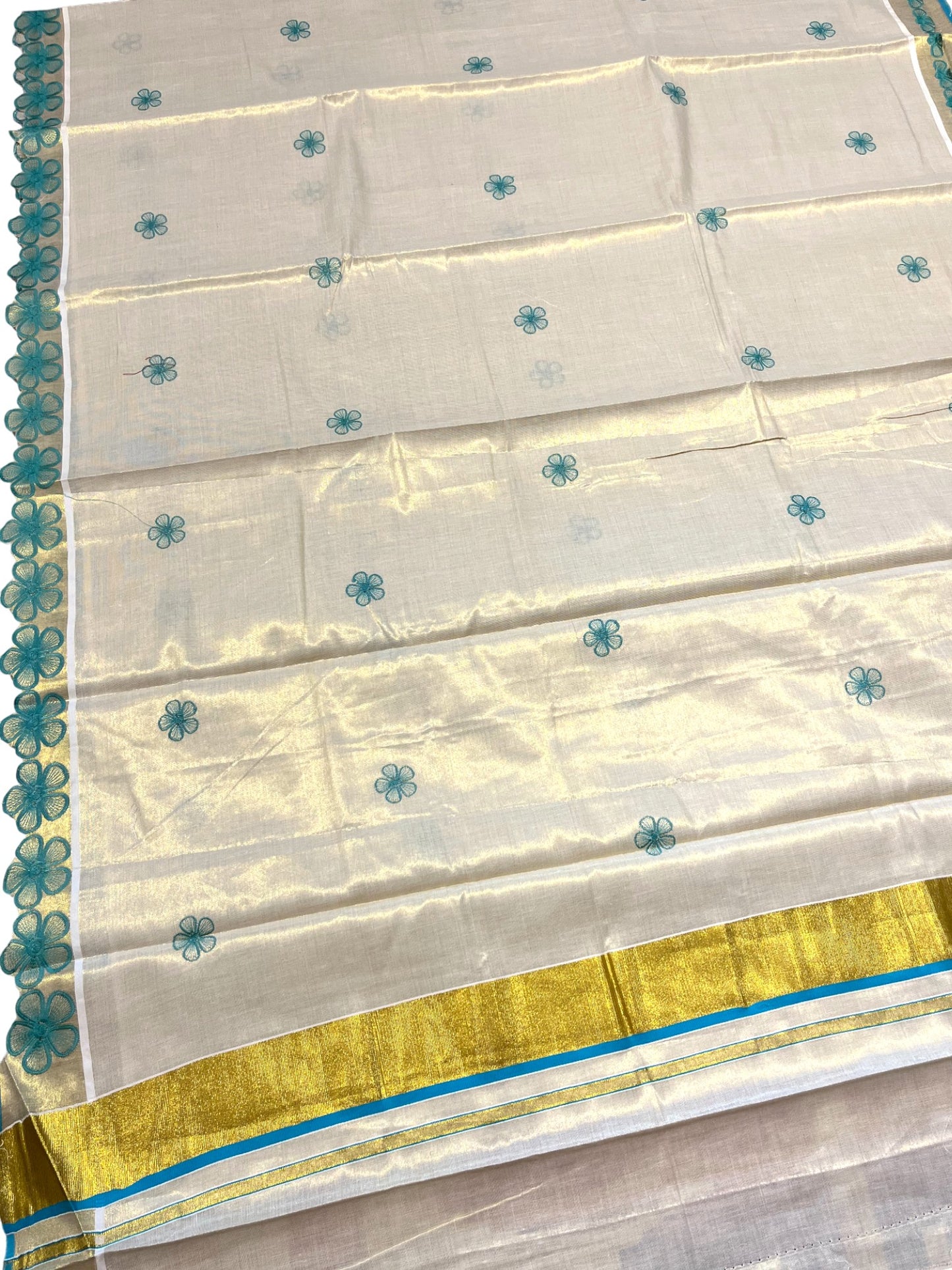 Southloom Kerala Tissue Kasavu Saree with Turquoise Floral Embroidery on Body and Border