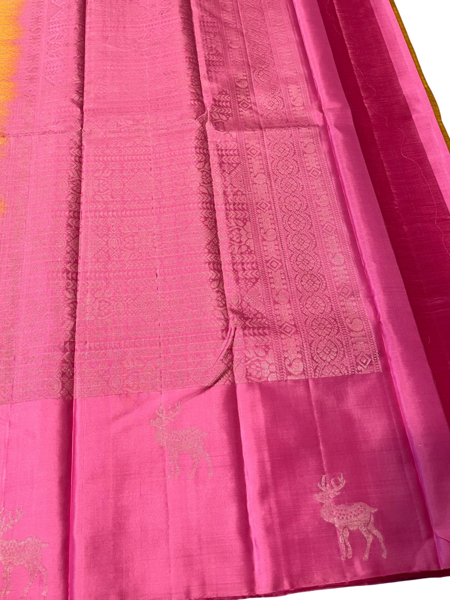 Southloom Pure Handloom Bridal Kanchipuram Silk Saree with Korvai Work (Yellow & Pink)