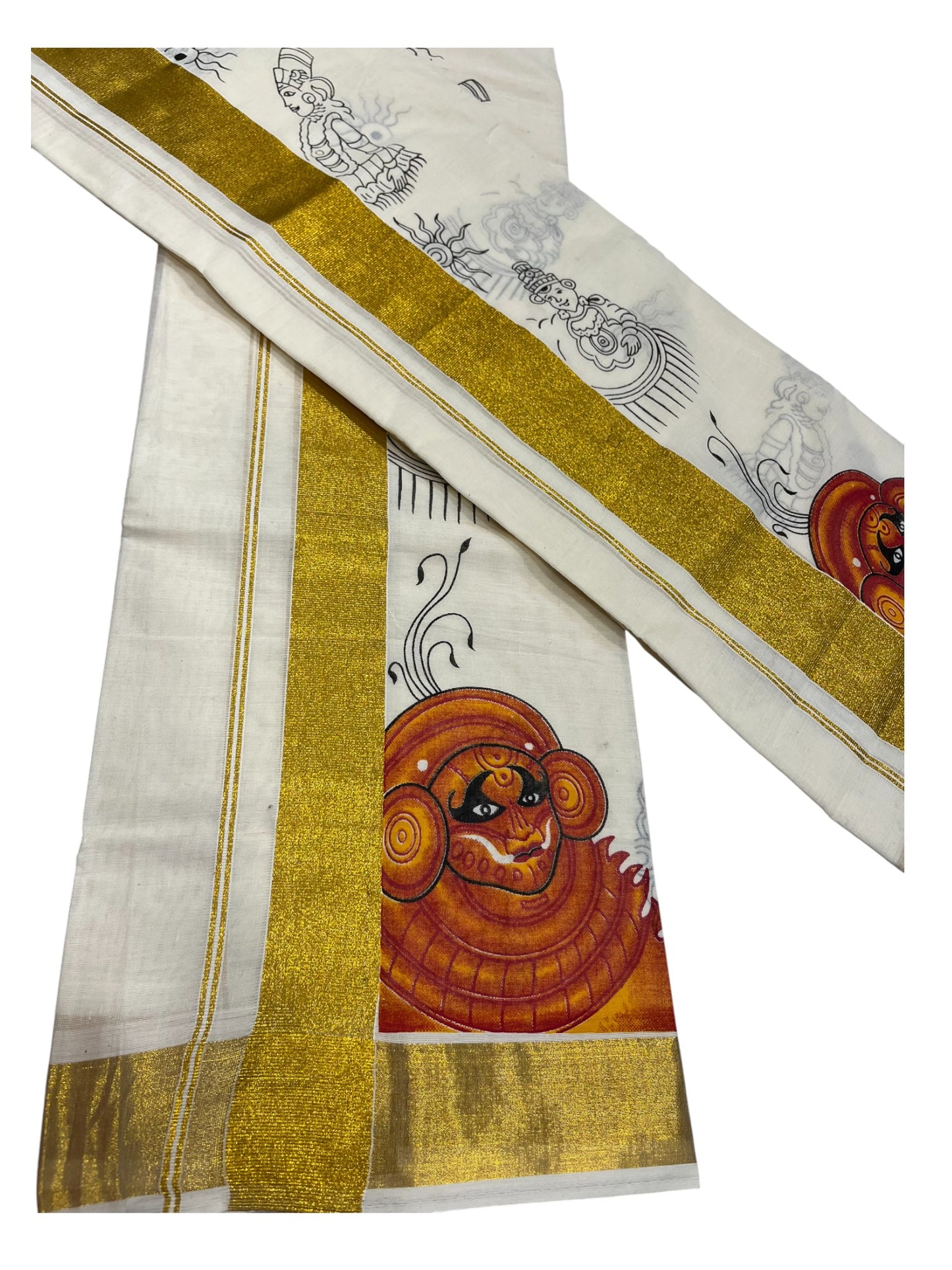 Southloom Kerala Cotton  Set Mundu (Mundum Neriyathum) with  Theyyam Printed Design