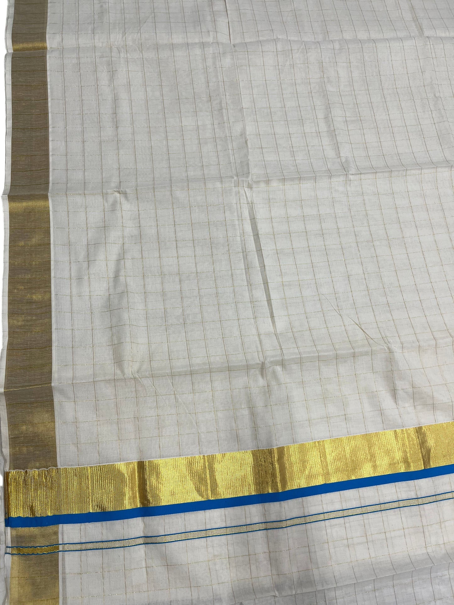 Southloom Pure Cotton  Kerala  Kasavu Woven Check Saree with Blue Border