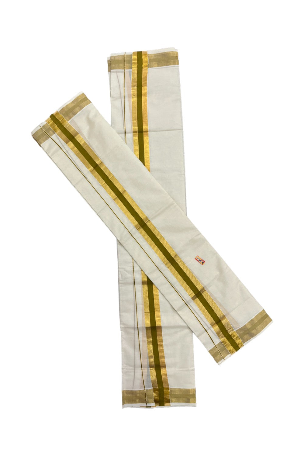 Kerala Cotton Set Mundu (Mundum Neriyathum) with Olive Green and Kasavu Border 2.80 Kasavu