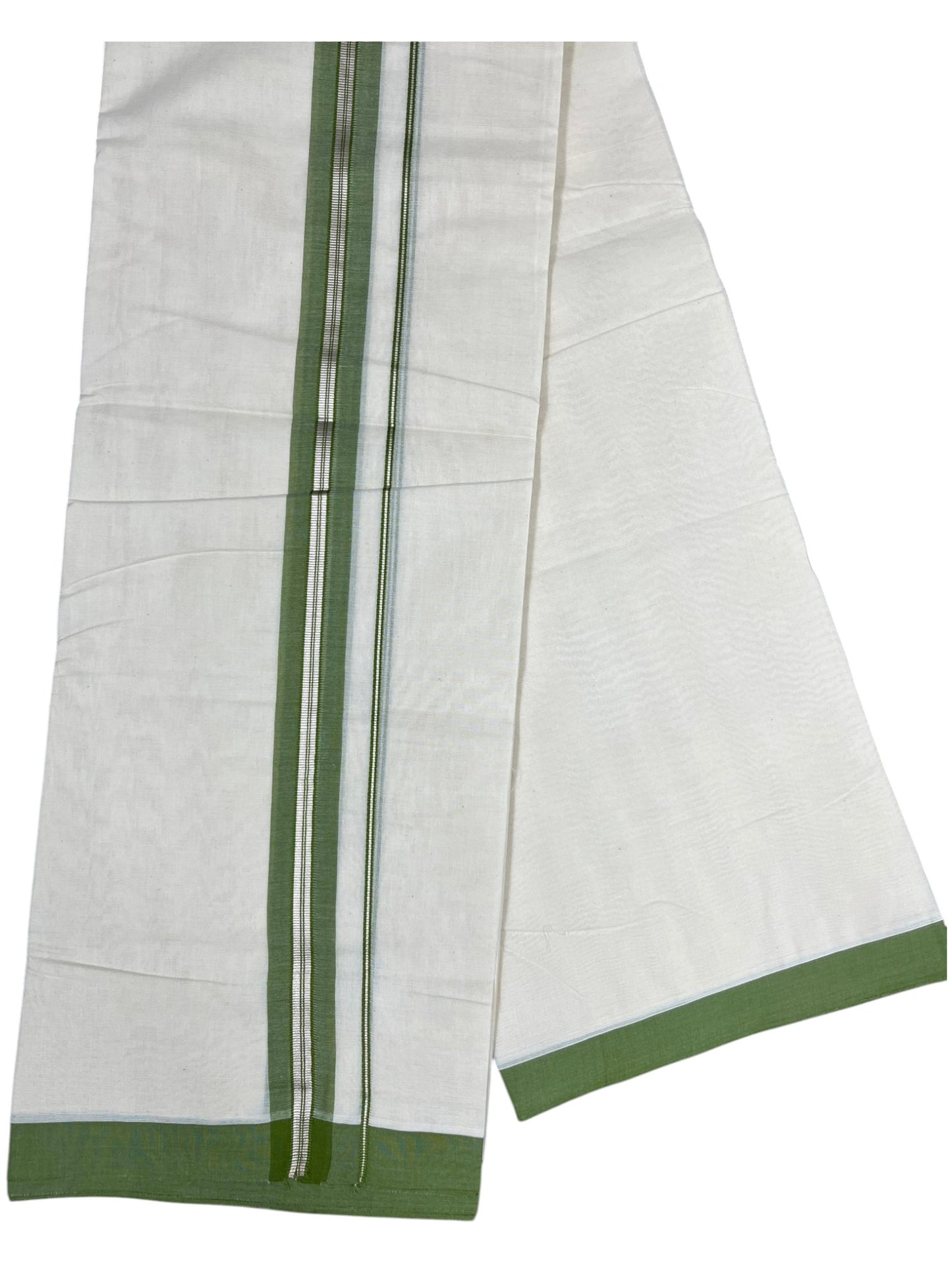 Southloom Pure Cotton Mundu with Silver Lines and Green Border (South Indian Kerala Dhoti)