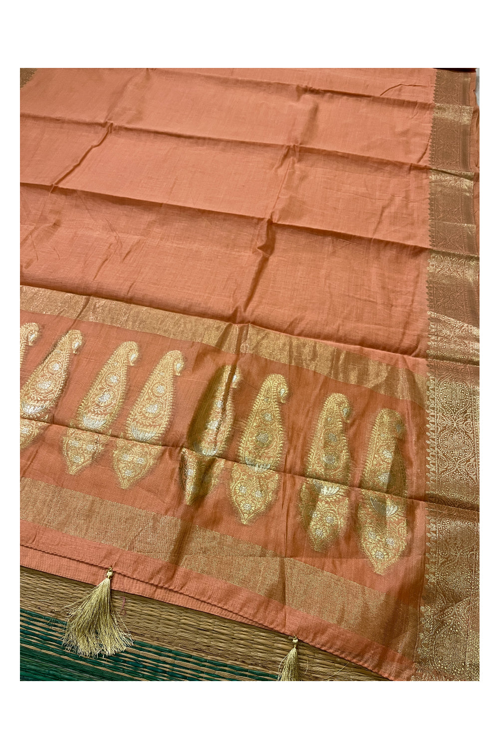 Southloom Cotton Plain Light Brown Saree with Kasavu Woven Border