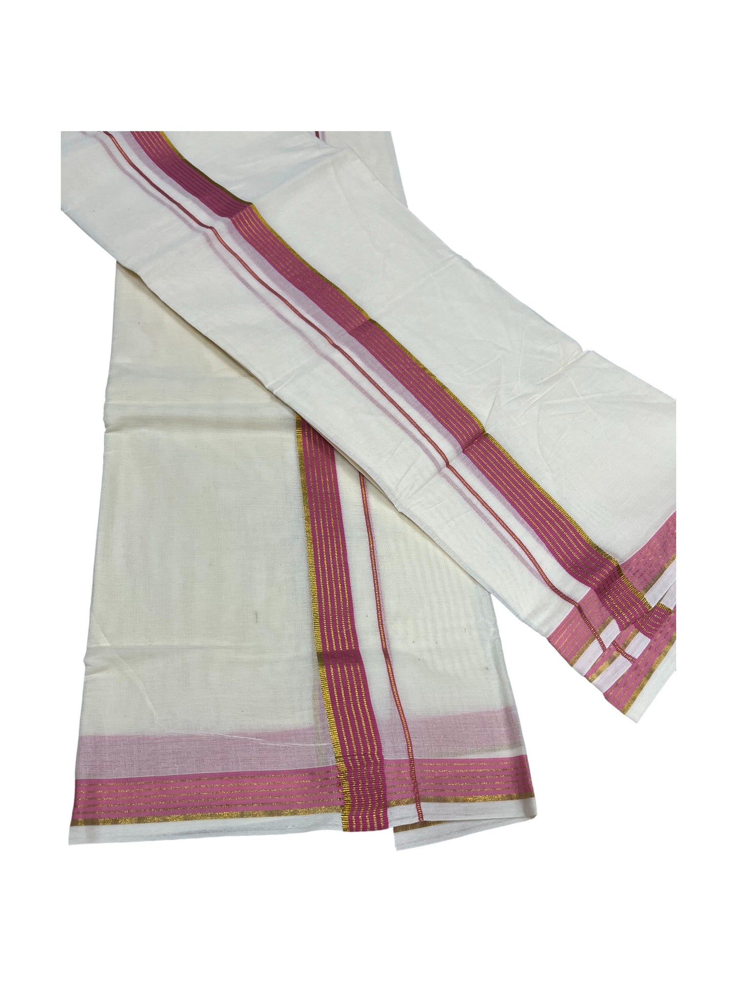 Pure Cotton Kerala Single Set Mundu (Mundum Neriyathum) with Pink Kasavu Border in 2.80 Mtrs