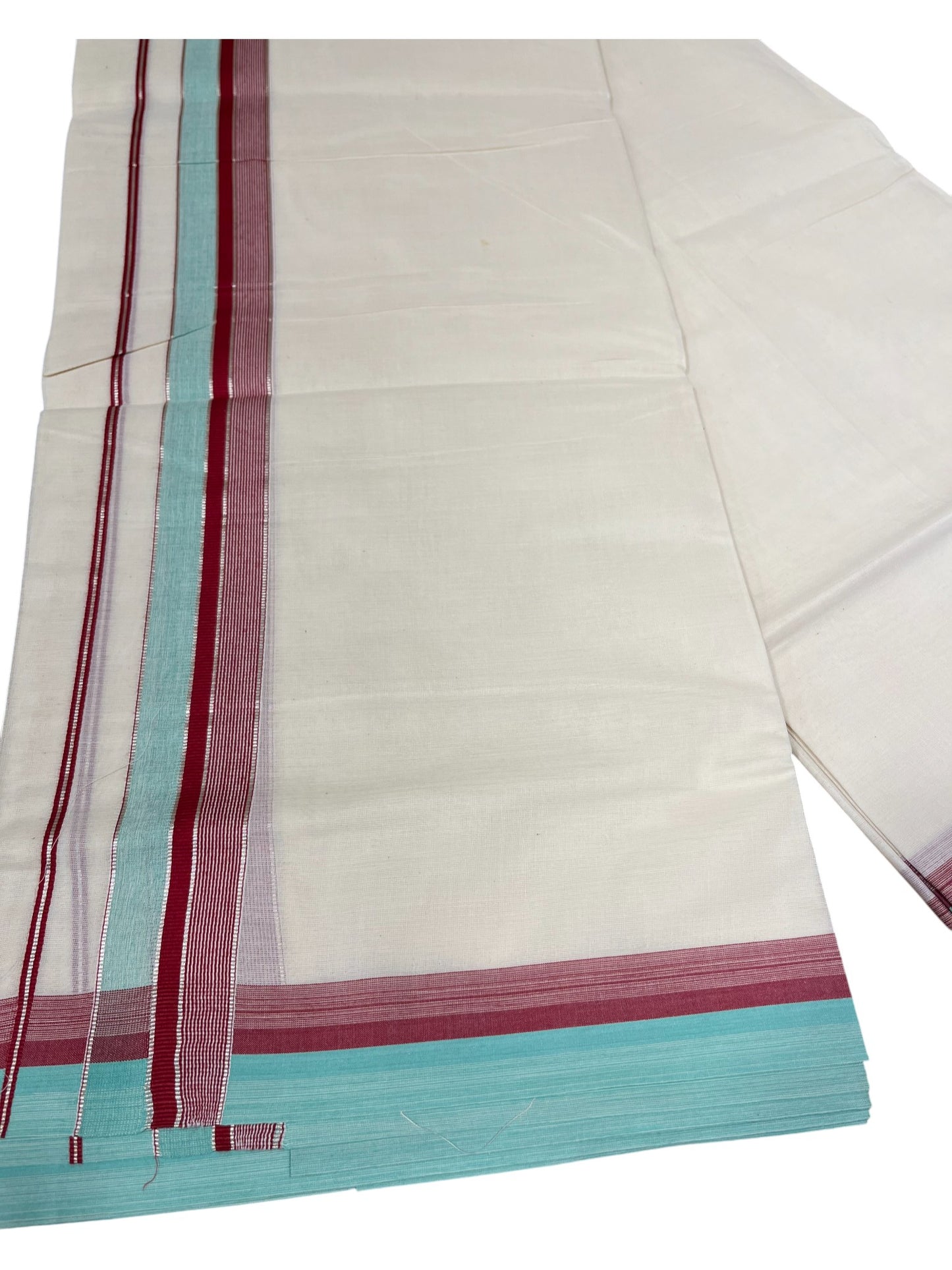 Southloom Kerala Pure Cotton Double Mundu with Maroon And Blue Silver Lines Border (South Indian Dhoti)