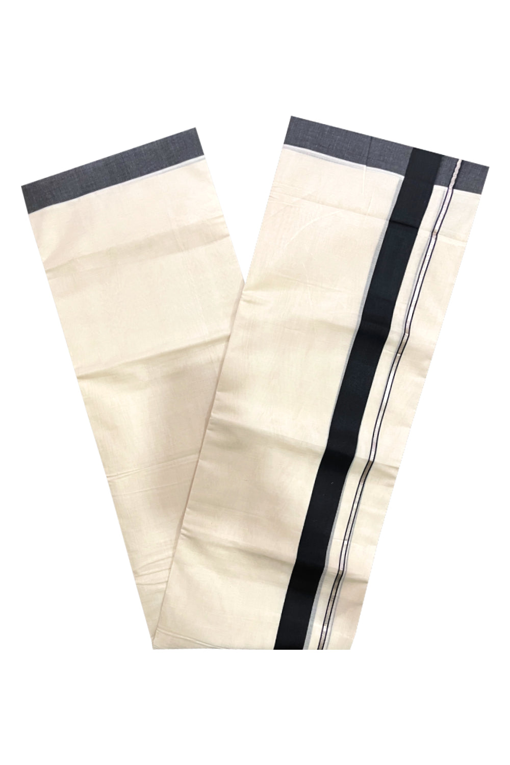 Pure Cotton Double Mundu with Silver Kasavu and Black Border (South Indian Kerala Dhoti)